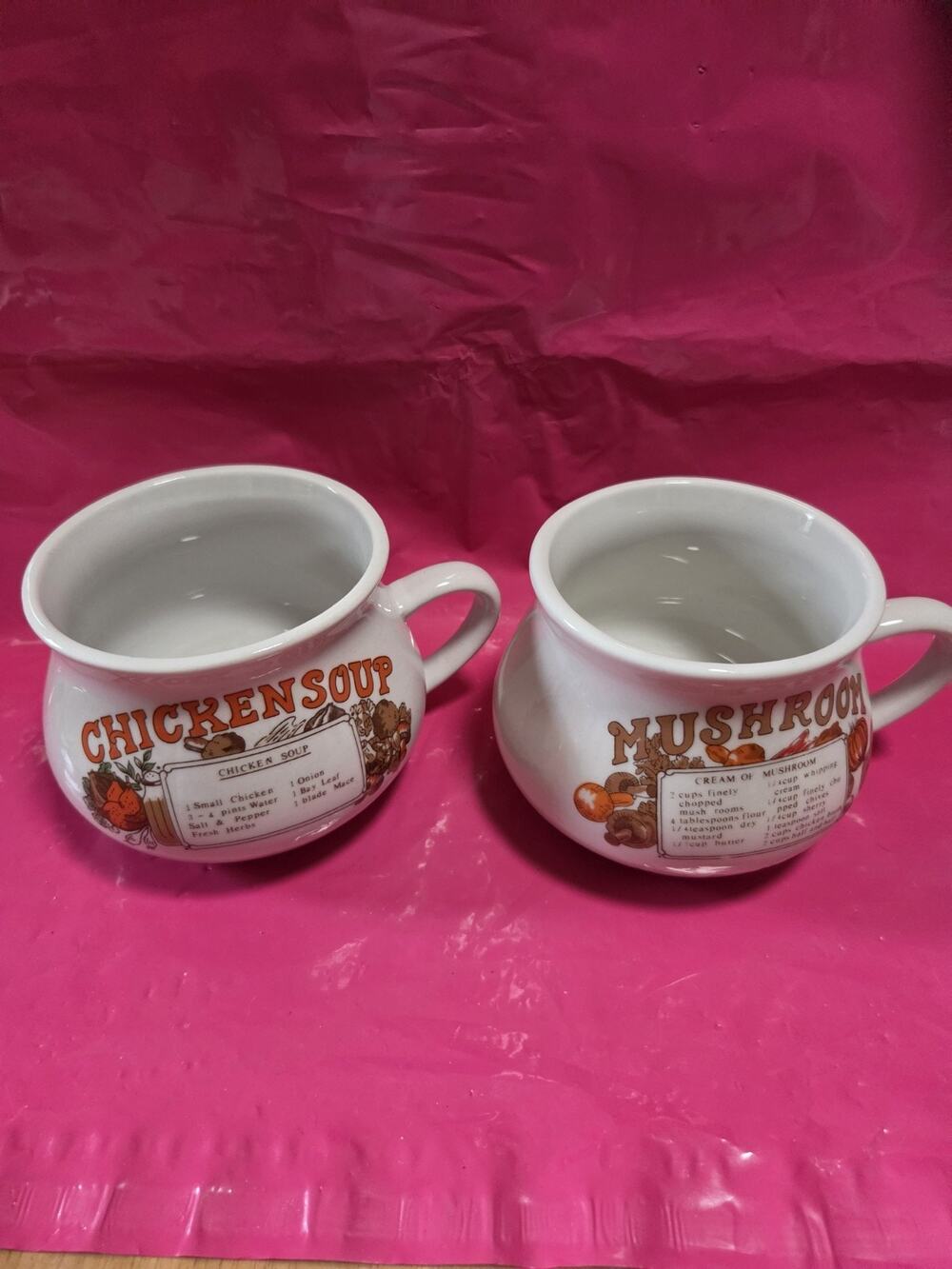 Vintage 70's Ceramic CHICKEN SOUP & MUSHROOM SOUP Recipe BowlMug Great Condition